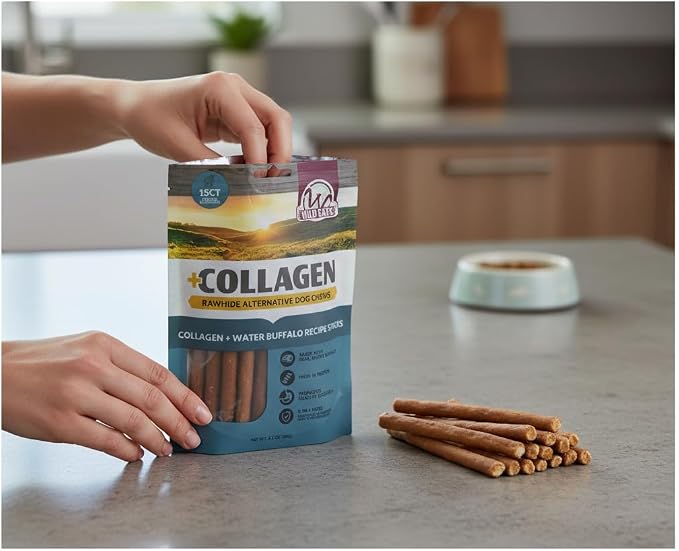 Wild Eats Water Buffalo Collagen Sticks for Dogs, Pack of 15, Long Lasting | Rawhide and grain free no hide chew treats, bully style alternative, 1 cm chew width, high protein, satisfies gnawing urges