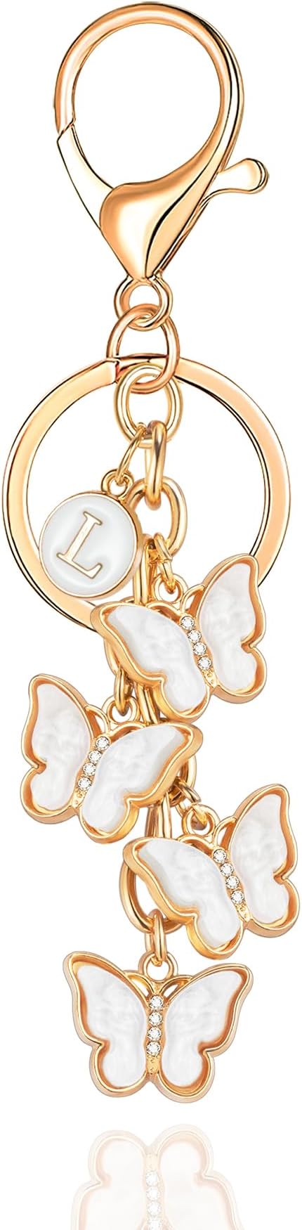 XGALBLA White Pink Black Cute Butterfly Initial Letter Keychain for Women, Butterfly Bag Charms Keyring for Handbags Backpack