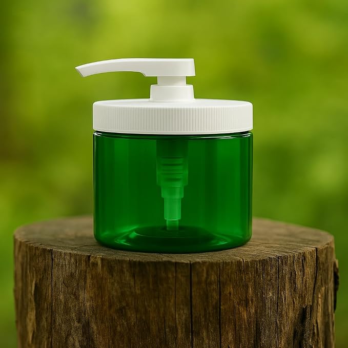 Royal Massage 16oz Refillable Pump Jar with Locking Dip Tube Dispenser – BPA-Free Plastic Container for Massage Oils, Lotions, Creams – Ribbed Lid Wide-Mouth Jar – Durable & Reusable (Green/White, 3)