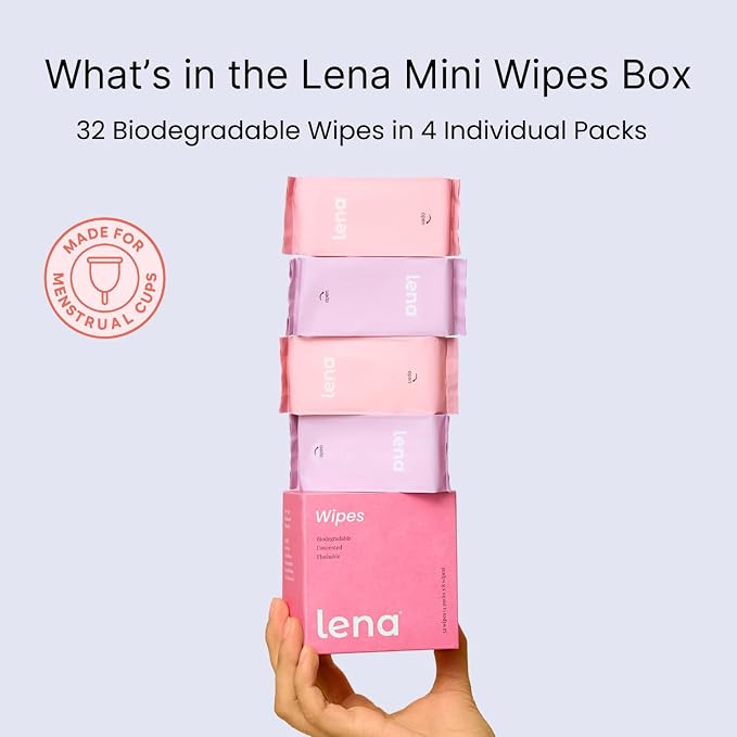 Lena Period Wipes for Teen Girls and Women - pH Balanced for Menstrual Cup and Feminine Hygiene, Flushable & Disposable Mini Compact Wipes, Clear, Non-Toxic Fragrance Free, Unscented Disc Cleaner