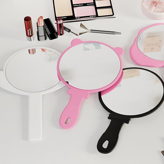 PDOZV Hand Mirror, 2 Pcs Portable Hand Mirrors with Handle, See Back of Head Haircut Personal Handheld Travel Small Ladies' Makeup Eyelash Mirrors (White, 5.91" L x 9.84" W (Round))