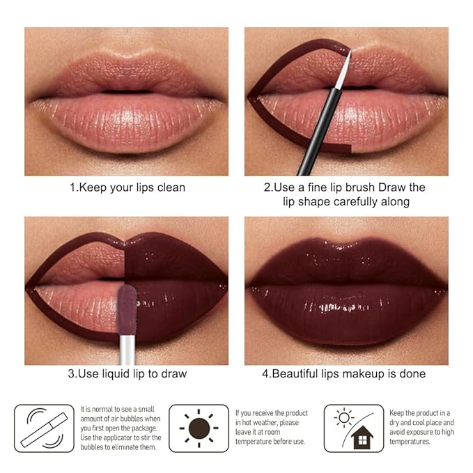 evpct Dark Brown Shiny Glossy Longwear No-Budge Liquid Lip Color Lipstick Makeup, Highly Pigmented Color Instant Shine, Waterproof Long Lasting Lipstick for Women, Lip Stain Gloss with Lip Liner Brush