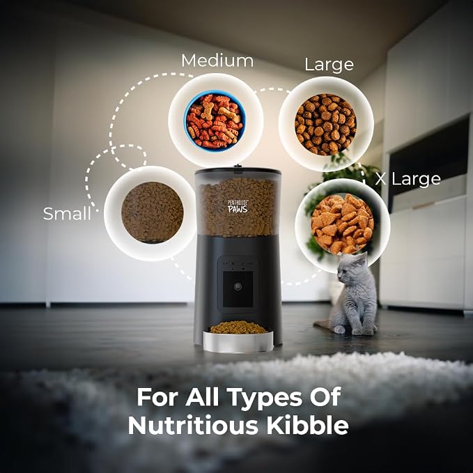 Smart HD Pet Feeder, 6L, Black/Stainless Steel | 1080p Camera, 2-Way Audio, Voice Recording, Night Vision, Scheduled Meals, Backup Power, Easy to Clean, Anti-Jam Design