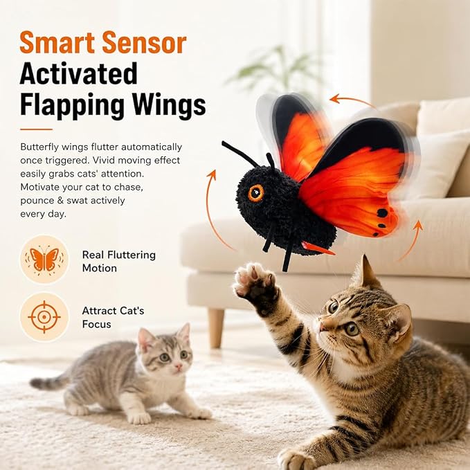 Smart Sensing Flapping Butterfly Toy Interactive Cat, Automatic Motion Sensor Cat Toy for Indoor, Realistic Flying Butterfly Pet Toy for Kittens Boredom Relief Exercise & Interactive Play (Orange)