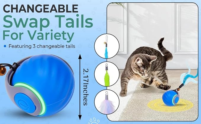 Interactive Cat Toy Ball - Motion-Activated, USB Rechargeable Cat Toys for Indoor Cats with Anti-Scratch Cover & 2 Changeable Tails - Enrichment Toy for Active Cats & Kittens