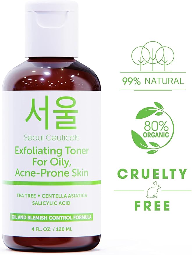 SeoulCeuticals Korean Toner for Oily Acne Prone Skin – Korean Skin Care Tea Tree Toner for Face – Facial Toner Centella Asiatica, Salicylic Acid. 4 FL OZ