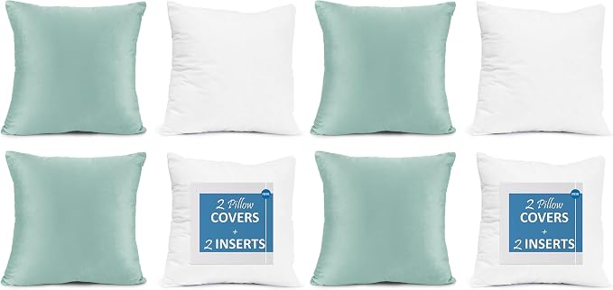 Throw Pillow Inserts Pack of 4 with Velvet Soft Solid Decorative Square Throw Pillow Covers Set for Sofa Couch Car Bedroom, 26X26 Throw Pillows Inserts with 24x24 Washable Cushion Covers, Aqua Blue