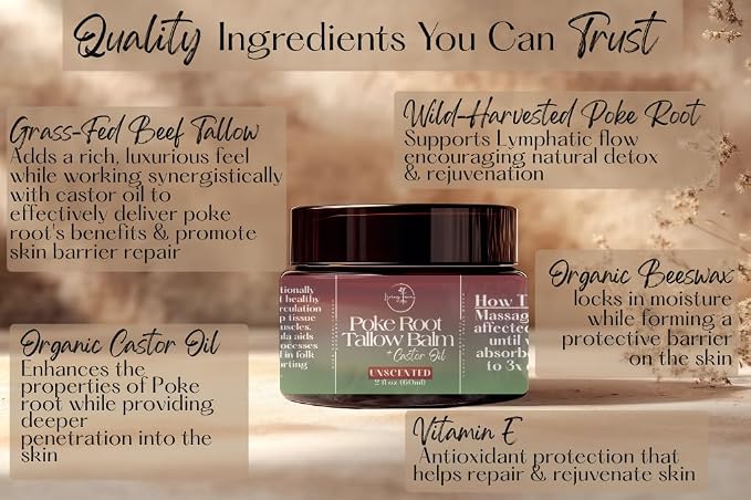 Poke Root Tallow Balm with Castor Oil - Organic Lymphatic Support - Handmade in The USA (2oz)