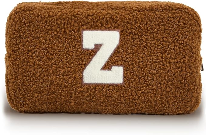 Cute Makeup Bag, Initial Cosmetic Bag, Fuzzy Makeup Bags for Women, Brown Makeup Pouch with Chenille Letter, Monogrammed Gifts for Women, Brown Z