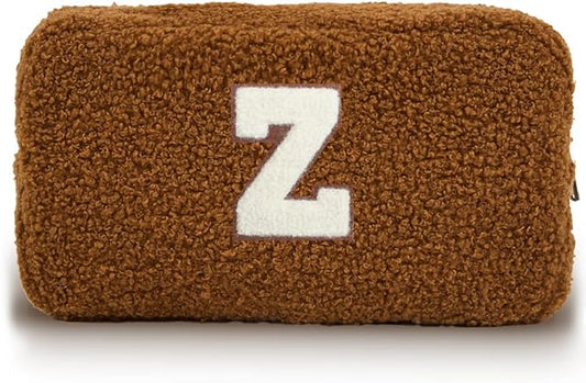 Cute Makeup Bag, Initial Cosmetic Bag, Fuzzy Makeup Bags for Women, Brown Makeup Pouch with Chenille Letter, Monogrammed Gifts for Women, Brown Z