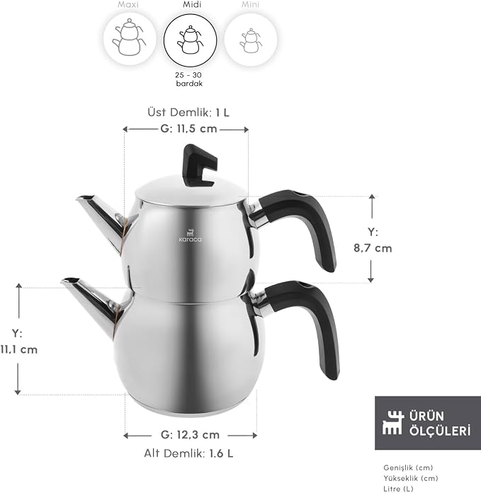 Karaca Belinay Teapot Set Silver Black, Medium Teapot, 18/10 Stainless Steel, Teapot/Lid (1 lt, 2.20 lb), Tea Kettle (1.6 lt, 3.5 lb), Suitable for Induction