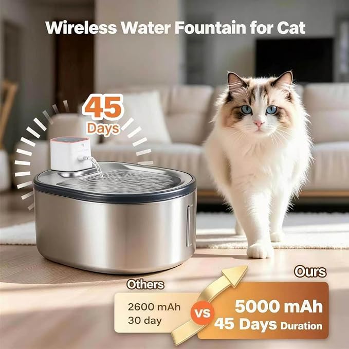 Sharper Image Stainless Steel Cat Water Fountain, Cordless 4L Rechargeable | 2 flow modes, LED alerts, Type-C battery, 10.4x7.8x4.8in, for cats dogs