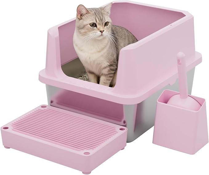 RIZZARI Cat Litter Box Anti-Scatter: Open-Room for Large Cats & Multi-Home | Odor-Free Steel Pan / Paw-Massage Entry Trap / Raised Anti-Spill Edges / Fits Maine Coon & 2+ Cats / Easy-Scoop Open View