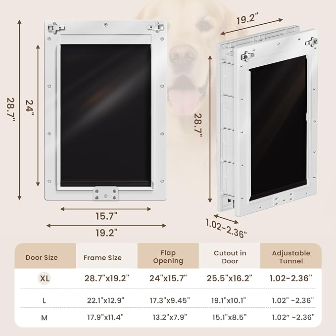 XL Dog Door for Door, Pets Up to 220 LB | Upgraded Aluminum Locks & Metal Screws, 2 Magnetic Flaps, Closing Panel, Never Rust, for Interior & Exterior Doors