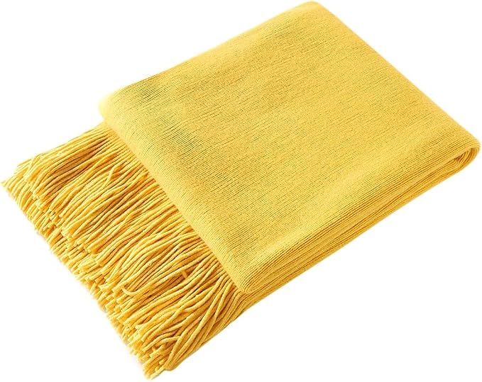 Homiest Yellow Knitted Throw Blanket with Fringe, 60x80 Inch | Pure Acrylic, Lightweight & Breathable, All-Season Use, Machine Washable, Wrinkle & Fade Resistant, for Couch Sofa And Bed