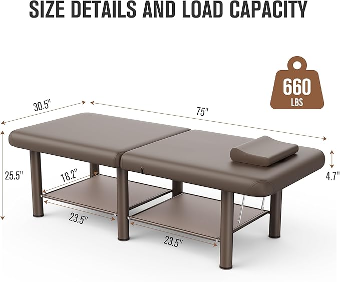 Folding Stationary Massage Table with Backrest and Storage Space for Treatment Table Physical Therapy Table Spa Facial Bed, 6 Round Legs Metal Frame PU Leather, 30.5'' Wide × 75'' Long - Brown