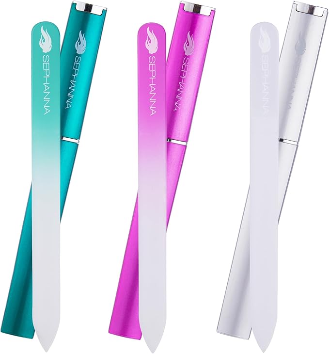 Sephanna 3 Pack Premium Crystal Glass Nail File for Natural Nails, Professional Glass Nail Files with case for Unisex, Portable Czech Glass Nail File Double Sided for Natural & Acrylic Nail Care