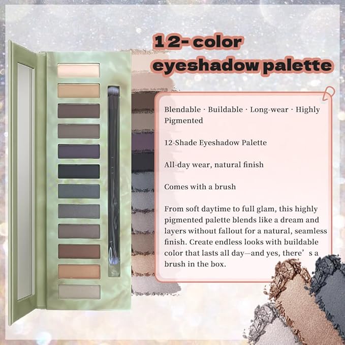 12 Colors Highly Pigmented Eye Shadow Palette Makeup Kit for Women, White Nude Purple Black Silver Bronze Eyeshadows, Matte Smoky Shimmery Metallic Shades Eyeshadow Palette Long-Lasting Waterproof