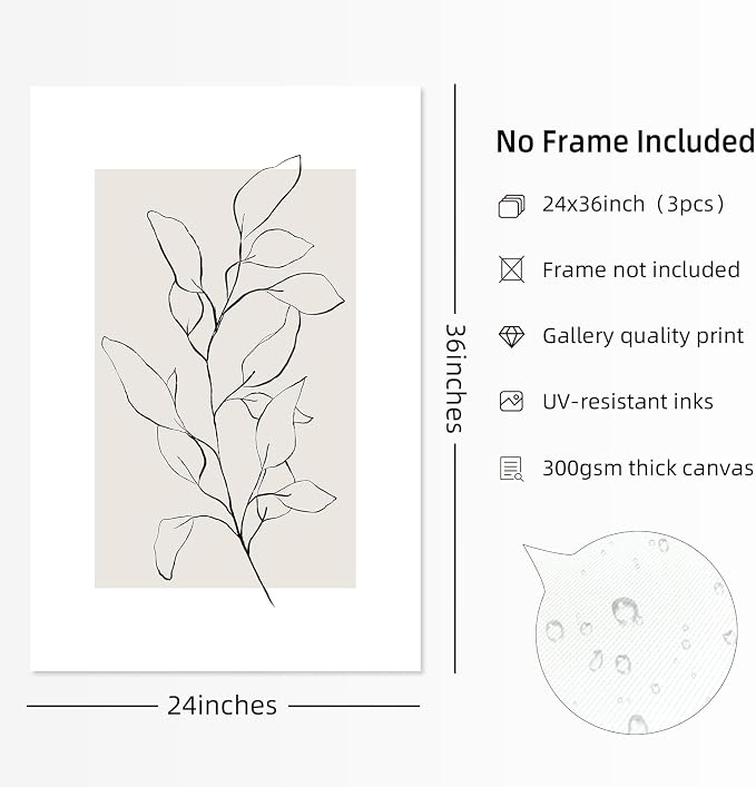 Neutral Botanical Prints Wall Art Decor Plant Minimalist Canvas Pictures Vintage Beige Wall Art Modern Farmhouse Line Poster Boho Abstract Painting Artwork for Bedroom 24x36 Inch Unframed Set of 3