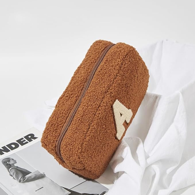 Cute Makeup Bag, Initial Cosmetic Bag, Fuzzy Makeup Bags for Women, Brown Makeup Pouch with Chenille Letter, Monogrammed Gifts for Women, Brown S