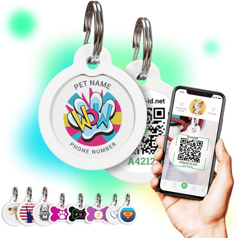 QR Code Dog Tag Personalized Pet Id Silent Cat Tags Engraved Name Plate with Online Profile («Wow»)