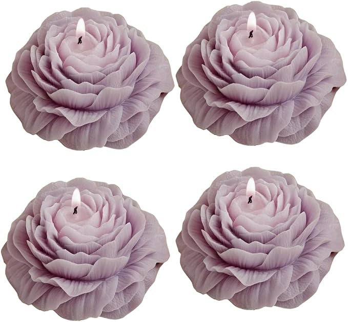 4 Pack Peony Flower Shaped Decorative Scented Candles, Floral Aromatherapy Decor for Wedding Bridal Shower, Dessert & Flower Cake Table, Birthday Gifts for Women Mom Wife (Purple)