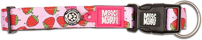 Max & Molly Urban Pets Fashion Smart ID Dog Collar, Anti-Fade, Adjustable Sizing w/Pet Profile Smart ID QR-Tag, Waterproof & Machine Washable, Strawberries, Large (Neck Size 15-25")