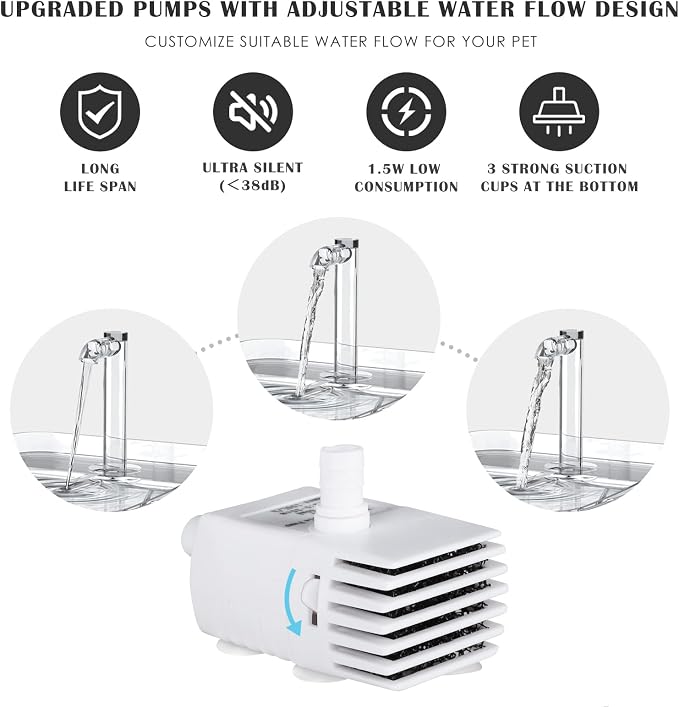 PETNF Replacement Pump for Cat Water Fountain with LED Light, Compatible for 3L/101OZ Transparency Pet Water Fountain, Ultra Quiet Long Lifespan Cat Water Pump with Adjustable 3 Kind Water Flow