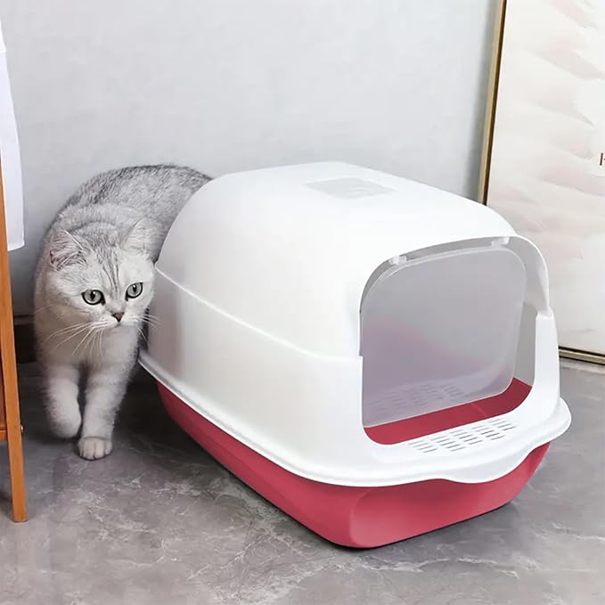 Large Enclosed Cat Litter Box with Lid, Scoop, Kitty Covered Litter Boxes | Pink Litter Pan Enclosed Potty, Anti-Splashing Toilet, For Cats Litterbox Including Scoop For Indoor Use Cat Owners Gifts
