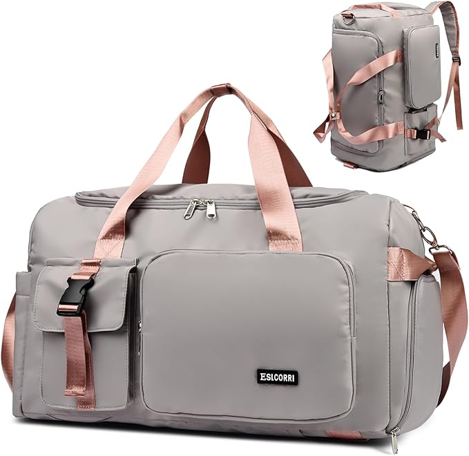 Eslcorri Gym Duffle Bag for Women Men, Sports Backpack with Wet & Shoe Compartment, Fitness Overnight Weekender Bag for Yoga, Swim, Travel (Style B, GrayPink)