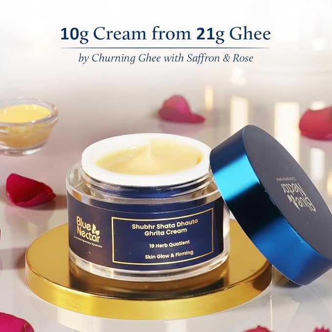 Blue Nectar Shata Dhauta Ghrita Face Cream for Women | 100 Times Washed Ghee Face Moisturizer for Women | Truly Natural Face Cream for Skin Firming (19 Herbs, 1.76 Oz)