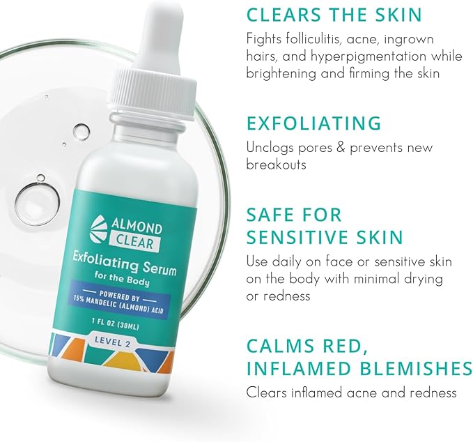 Almond Clear Level 2 Serum | Mandelic Acid Body Serum for Acne, Folliculitis, Aging Skin, Ingrown Hairs, Dark Spots on Face, Chest, Butt, Back, Thighs, Arms | 4 oz