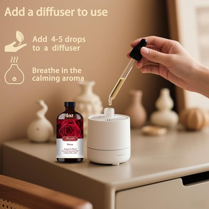 Rose Essential Oil, Rose Oil for Skin Care, Massage, Diffuser, Humidifier, DIY Soap, Candle, Bath, Yoga, Gift Ready,Rose Fragrance Oil - MLYNKL Essential Oils (4.33 fl oz / 130ml)