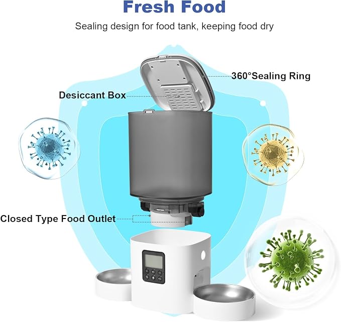 Automatic Cat Feeder, 6L Cat Food Dispenser with 10s Voice Recorder, Pet Feeder up to 8 Meals per Day, Timed Feeder with Dry Food Sealed Ring (White-D-Basic)