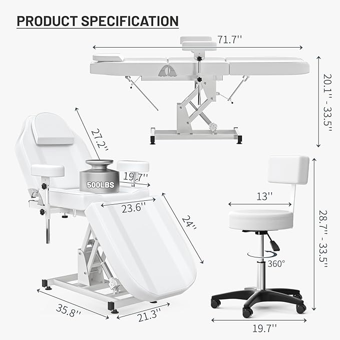 Electric Spa Beds for Esthetician Chair with Stool Adjustable Height Tattoo Facial Chairs for Beauty Salon Massage