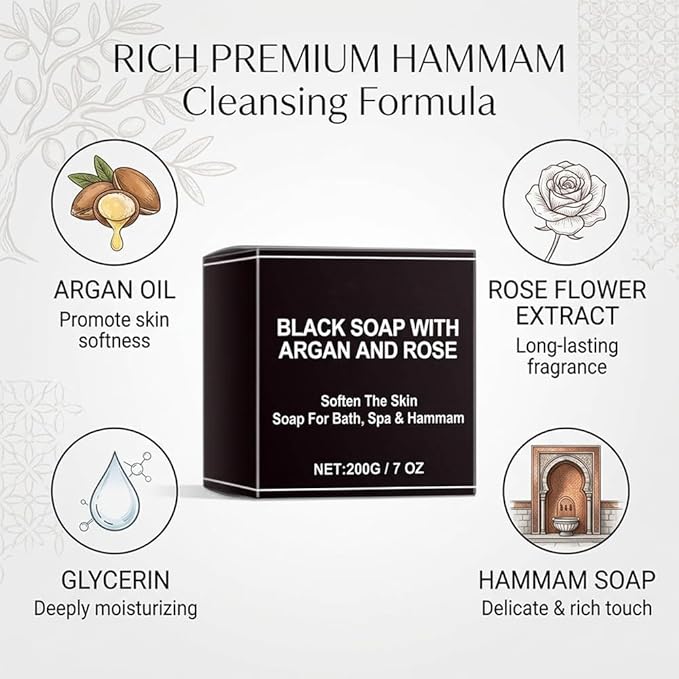 Moroccan Black Soap Hammam, Black Soap for Face, Exfoliating Body Cleanser, Argan Oil Nut Oil and Rose Oil– Deep Cleansing, Softens Skin Highly Moisturize (1PCS Moroccan Body Care)