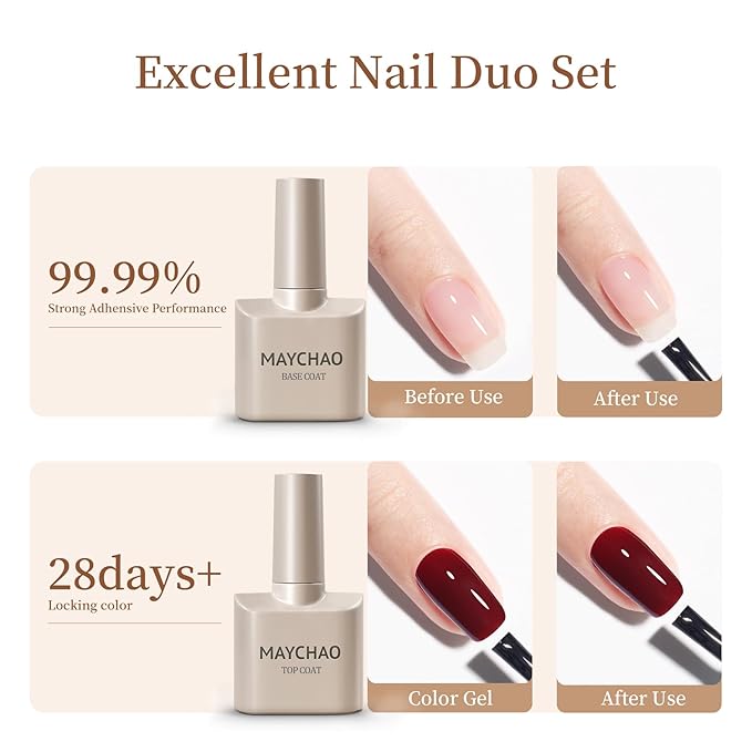 MAYCHAO 2 Pcs 15ml Gel Top and Base Coat Set, Clear Base and No Wipe Shiny Top Coat Gel Nail Polish UV LED Nail Lamp Need Long Lasting Nail Lacquer Art Design Manicure for Women