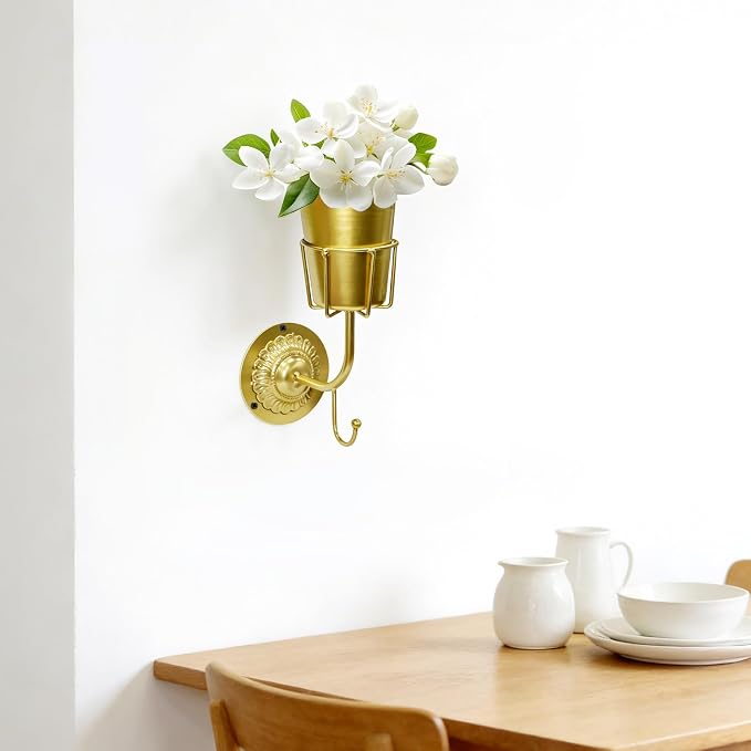 Vintage Brass Wall Vase - Hanging Home Decor & Multifunctional Wall-Mounted Organizer Container for Flowers,Keys & Small Items,Kitchen Bathroom Bedroom Organization & Decor