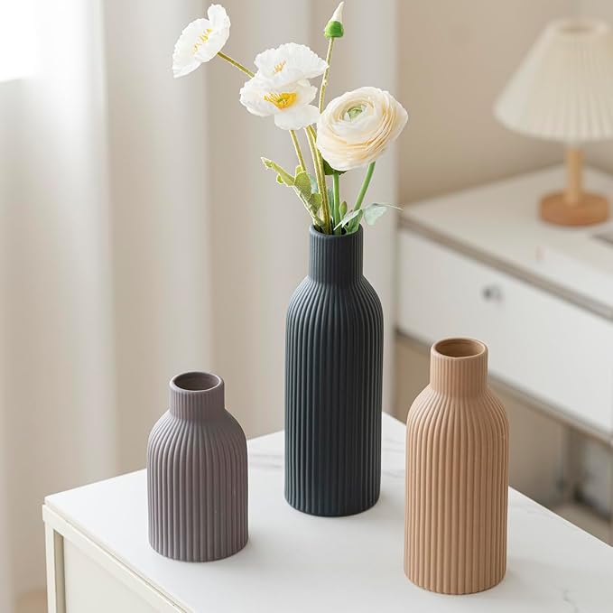 Modern Ceramic Vases Set of 3, Black Ribbed Decorative Vases, Shelf Table Centerpiece for Home Decor, Birthday Gifts for Women, Mom, Grandma Decorative (Black Mix)