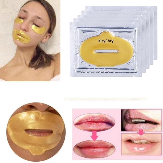 24K Gold Gel Crystal Collagen Lip and Eye Mask Set, 5 Pairs Gold Eye Mask Pads and 5 Pcs Gold Lip Patches for Moisturizing, Anti Wrinkle, Anti Aging, Hydrating Lips and Eyes