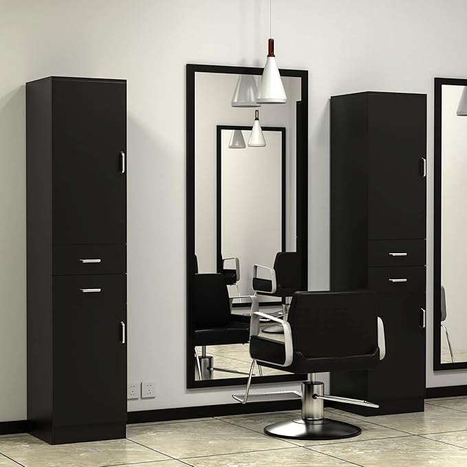 Paddie Wall Mount Barber Stations, Salon Stations for Hair Stylist, Hair Station Salon Furniture Sets with a Storage Cabinet, 2 Drawers and a 2 Tier Shelf, 17.3" L x 70.9" H