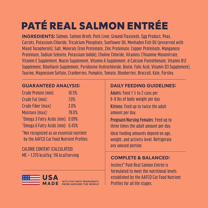 Instinct Original Pate Wet Cat Food, Grain Free Recipe - Real Salmon, 3 oz. Cans (Pack of 24) | Rich & creamy pate texture, high protein, real salmon, whole-food ingredients, grain-free, hydration support