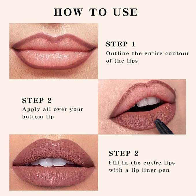 Kaely 2Pcs Mocha Beige Longwear Liquid Lip Liner Waterproof, 24 Hour Long Lasting Lip Liner Stain Marker Pen, 2-in-1 Matte Semi Permanent Lipliner & Lipstick, Vegan & Cruelty-Free, 03+07