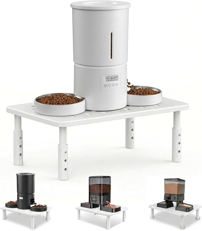 Raised Automatic Cat Feeder Stand for Double Bowl Feeders, Carbon Steel 14.57 x 9.25 in, 3 Adjustable Heights 4.13-5.71 in, Non-Slip, Fits Feeders & Water Dispensers, No-Drill (White)