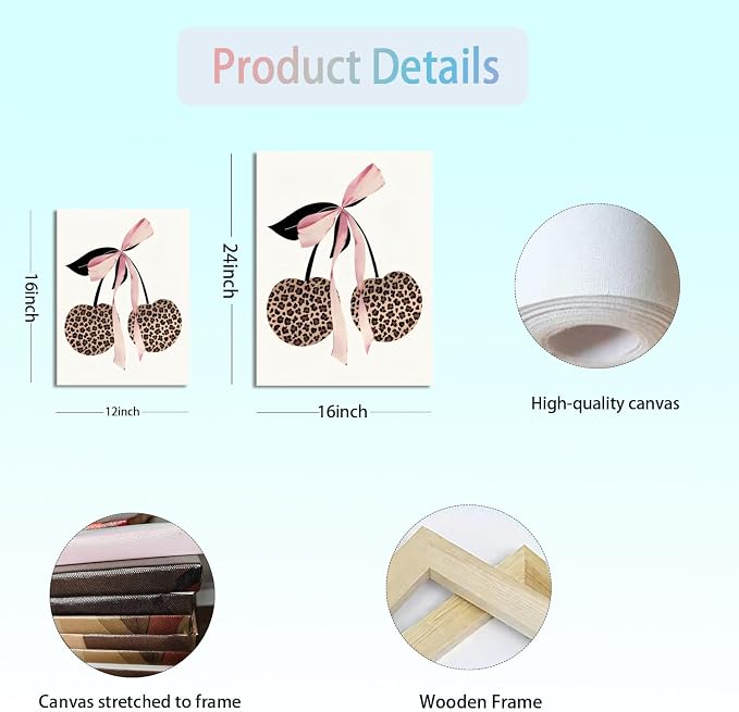 Trendy Pink Leopard Bow Canvas Wall Art Set of 3 Funky Cherry Lucky 8 Ball Posters Prints Wall Decor Cute Coquette Preppy Aesthetic Pictures for Girls Bedroom Dorm Apartment 12x16 In Framed