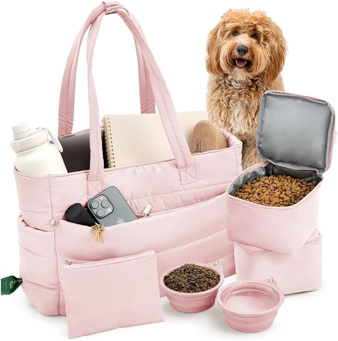 Rubyloo Puffer Dog Travel Bag for Dog Moms, Diaper Bag with Travel Bowls