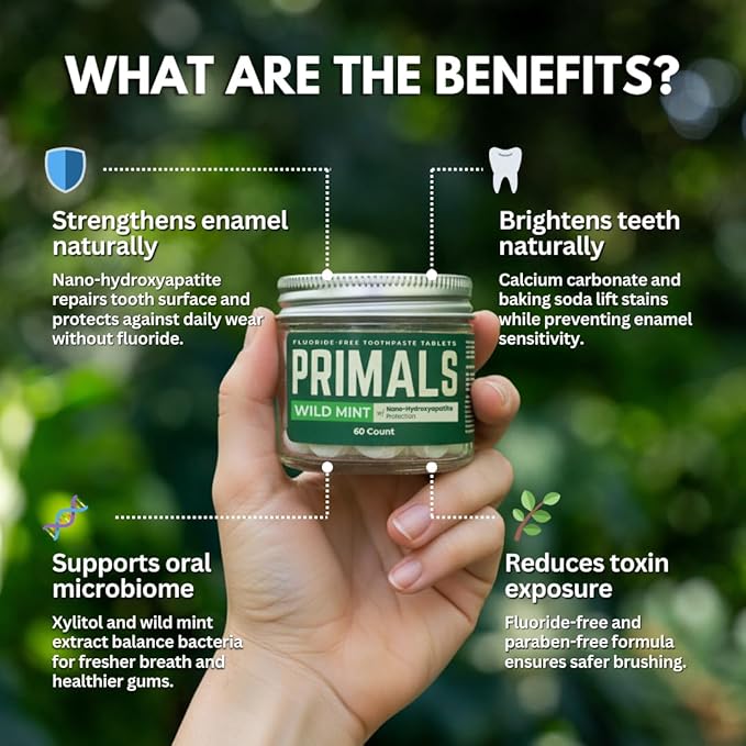 PRIMALS Fluoride-Free Toothpaste Tablets - Nano Hydroxyapatite - Zero Artificial Flavors or Plastic - Remineralizes & Whitens Teeth - 60 Count (1 Month Supply)