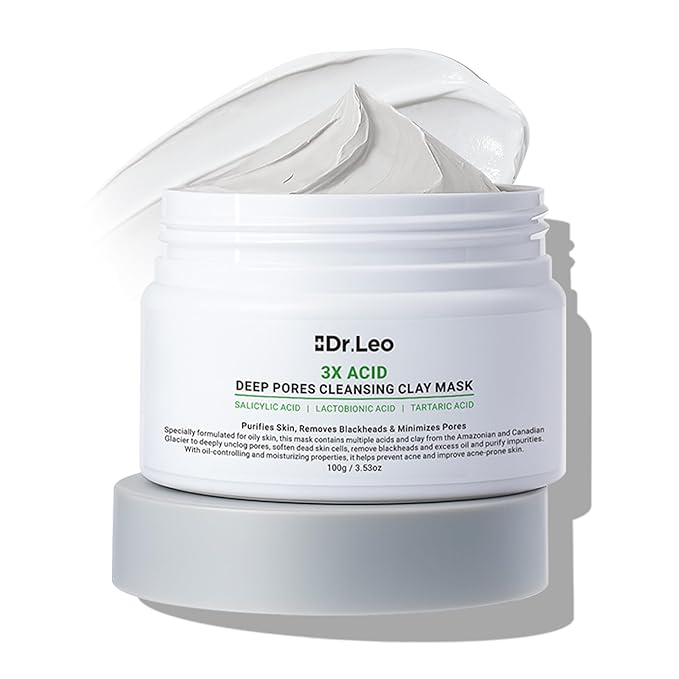 Dr.Leo 3X Acid Clay Mask with Amazonian White & Glacier Clay, Deep Cleansing Facial Skincare for Pore Minimizing Oil Control & Detox, Face Mask for All Skin Types, 3.53 oz