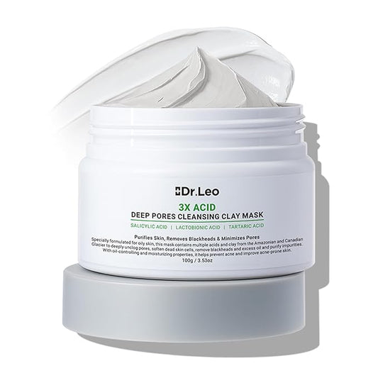 Dr.Leo 3X Acid Clay Mask with Amazonian White & Glacier Clay, Deep Cleansing Facial Skincare for Pore Minimizing Oil Control & Detox, Face Mask for All Skin Types, 3.53 oz