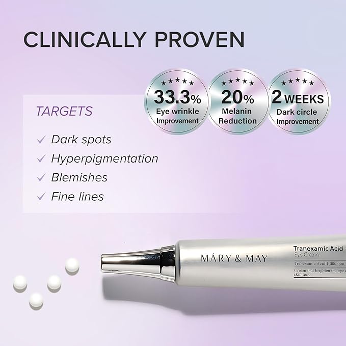 Mary&May Tranexamic Acid + Glutathione Eye Cream Set (1,000ppm each) – Brightening Under Eye Cream for Dark Circles & Uneven Tone, Vitamin C, Niacinamide – 1.01 oz + 0.4 oz Mini x2